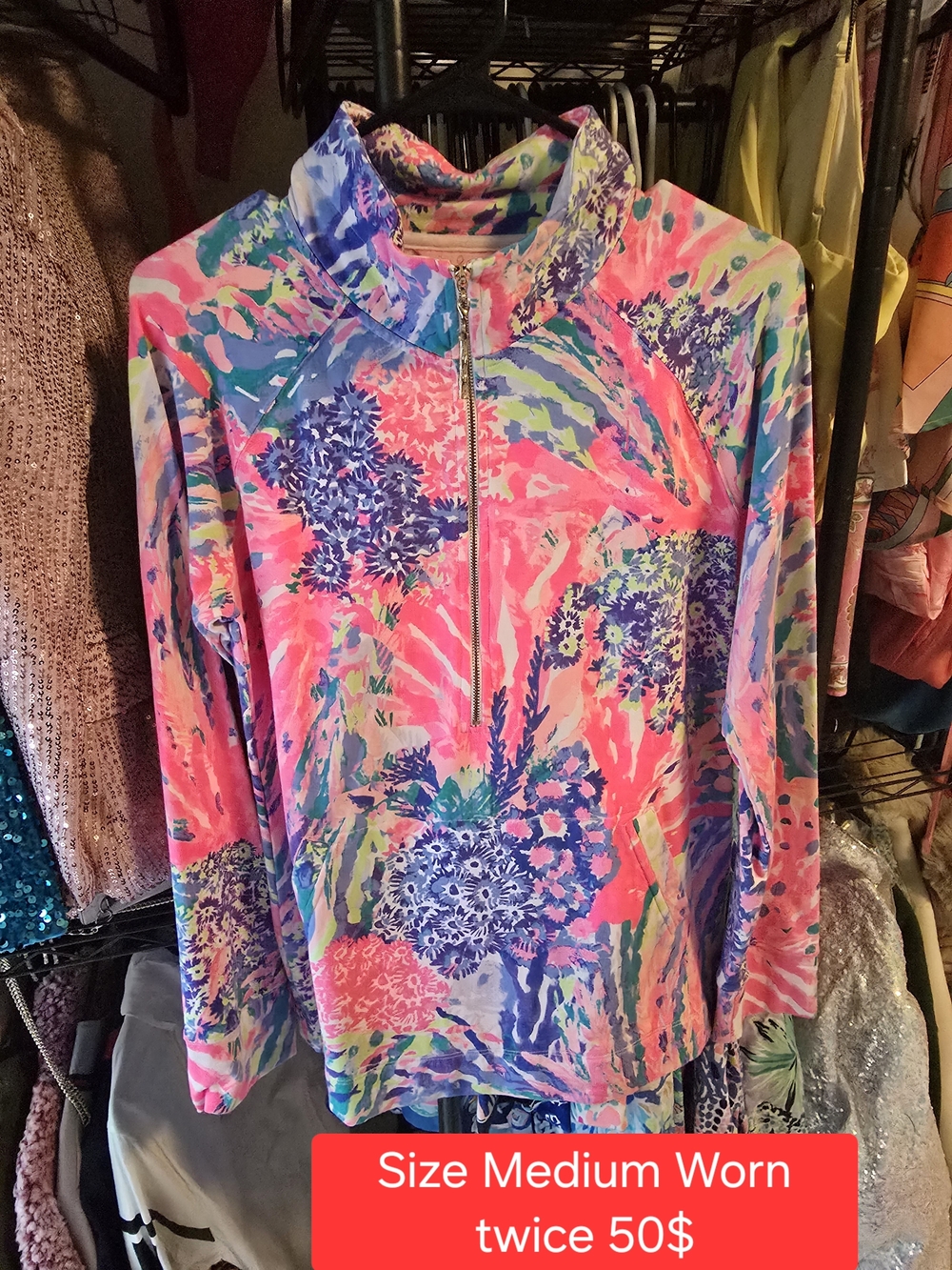 Lilly Pulitzer Pink Blue Green Floral Zip-Up Pullover